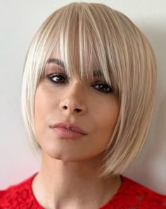 Blonde Layered Bob with Bangs Front View Of Bob Hairstyles, Short Bob With Bangs Over 50, Short Bobs 2023, 2023 Bobs With Bangs, Simple Updo With Bangs, Short Blonde Bobs With Bangs, Blonde Bobs With Bangs, Face Framing Bob With Bangs, Short Blonde Hairstyles With Bangs