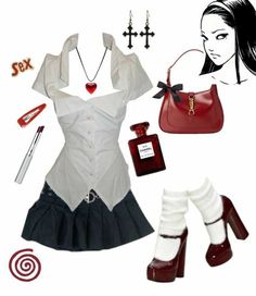 Tomie Outfit Ideas, Dark Couqutte, Tomie Outfit, Summer Outfits Dark, Girly Goth Outfits, Pants Aesthetic, Girly Goth, Red And Black Outfits, Aesthetic Bag