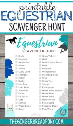 the printable equestrian scavenger hunt is shown on a wooden background with text overlay