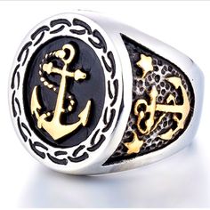 This Ring Is Nwt By Zmy Men’s Fashion Jewelry. Size 9. Stainless Steel Silver Titanium With Gold Anchor. Material- 316l Stainless Steel Color- Silver Weight 20 Grams Anchor Ring, Anchor Rings, Punk Rock Jewelry, Viking Ring, Punk Vintage, Jewelry Words, Vintage Style Rings, How To Make Rings, Punk Jewelry