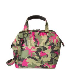 a pink and green camouflage print bag on a white background