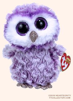 a purple and white stuffed owl with big eyes