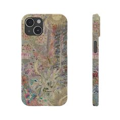 an iphone case with flowers and plants on it