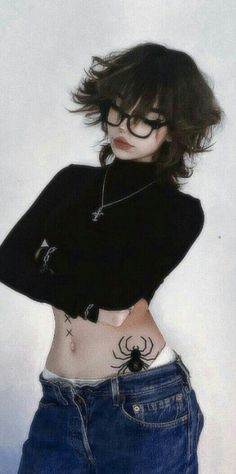 a drawing of a woman with glasses and spider tattoo on her stomach, standing in front of a white wall