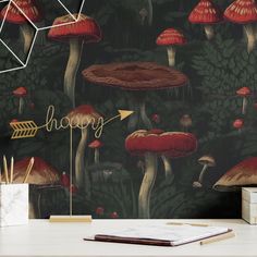 the wallpaper is very colorful and has mushrooms on it