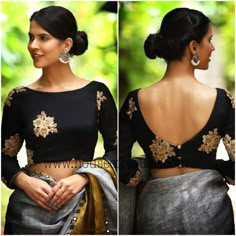 Bout neck, low back, w/ sleeves Plain Black Blouse Designs, Plain Black Blouse Designs For Saree, Silk Saree Blouse Sleeves Design, Plain Silk Blouse Designs, India Saree, Blouse Lehenga