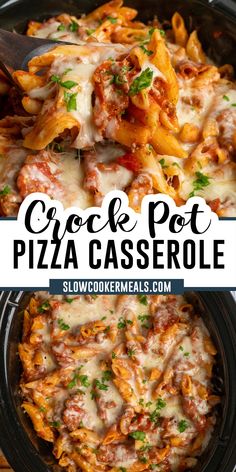 this crock pot pizza casserole is loaded with pasta, cheese and sauce