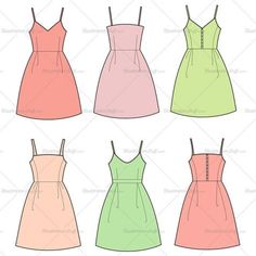 six dresses in different colors and sizes, all with buttons on the front one side