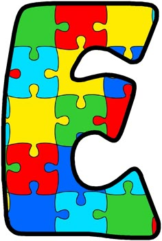 the letter e is made up of colorful puzzle pieces, and it has one missing piece