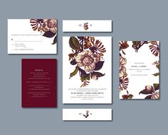 wedding stationery with flowers and leaves on the front, back and inside pages in burgundy