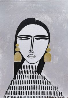 an abstract painting of a woman's face with gold earrings on her head and white background