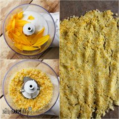 three pictures showing how to make cornflakes in a food processor and then blending them