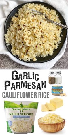 garlic parmesan cauliflower rice in a black bowl with ingredients to make it