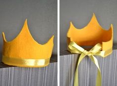 two pictures of a yellow crown on top of a box with a ribbon tied around it