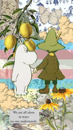 an image of two cartoon characters holding hands in front of lemons and butterflies on a colorful background