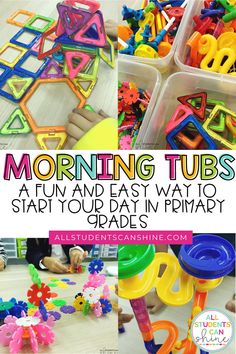 the words morning tubs are shown with toys in plastic containers and on the floor