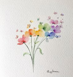 a watercolor painting of colorful flowers on white paper with butterflies flying around the flower