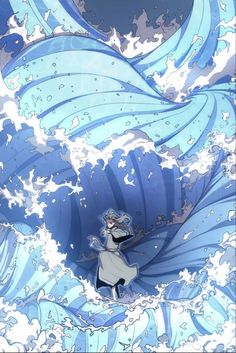 a woman standing on top of a giant wave in the middle of the ocean with her arms out