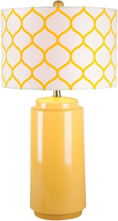 a yellow table lamp with a white and yellow shade on the top, against a white background