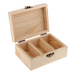 an open wooden box with two compartments on the inside and one section closed to show what's inside