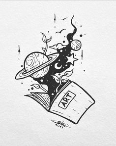 a black and white drawing of an open book with saturn on it's cover