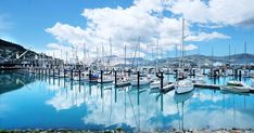 many boats are docked in the blue water