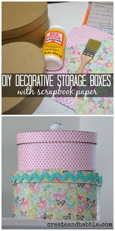 some crafting supplies that are sitting on top of a table with the words, diy decorative storage boxes with scrapbook paper