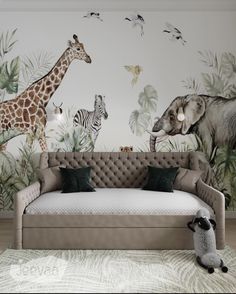 a giraffe, zebra and other animals in a living room with wallpaper