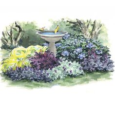 a water fountain surrounded by colorful flowers and shrubs with a bird sitting on it's perch