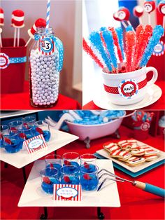 red, white and blue desserts are on display at an american flag themed party