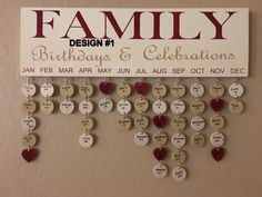 a family birthday and celebrations sign hanging on the wall with many hearts attached to it