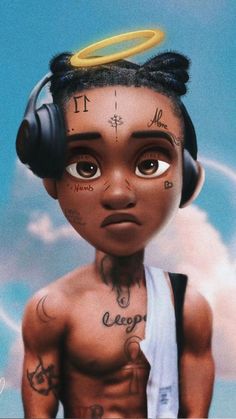 a cartoon character with headphones and tattoos