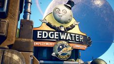 a large sign that says edgewater with a cartoon character on it's side