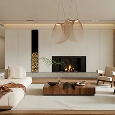 a modern living room with two couches and a fireplace