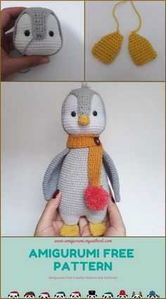 a crocheted penguin with a scarf on it's head, and the text amigurmi free pattern