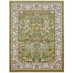 a green rug with animals and flowers on the bottom, in an ornate border design