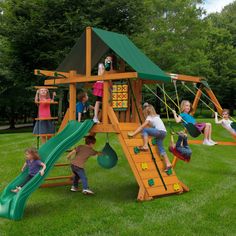 children playing on a wooden swing set