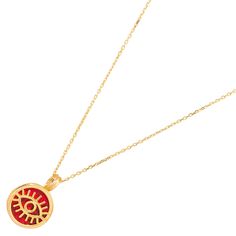 Shield yourself from negative energies with the Minimalist Coral & Gold Round Evil Eye Pendant Talisman Necklace. Featuring a round coral stone, adorned with a gold evil eye talisman, this pendant is designed for spiritual protection. Crafted with 18k gold plating on sterling silver and paired with a luxurious gold vermeil chain, this minimalist necklace is both fashionable and meaningful, perfect for everyday wear. Details 18K gold plated on sterling silver Coral stone Necklace length 18" and 2'' extender Pendant height 0. 5'' Pendant width 0. 5'' Avoid contact with chemicals, makeup, parfume. Do not use dips or abrasive cleaners on necklace. To clean and brighten it up your necklace, wipe them gently with jewelry polishing cloth. Spiritual Red Pendant Necklace, Red Necklace With Adjustable Chain, Spiritual Charm Necklaces With Adjustable Chain, Spiritual Charm Necklace With Adjustable Chain, Red Charms Necklace With Round Pendant, Red Charms Round Pendant Necklace, Red Necklace With Charms And Round Pendant, Red Necklace With Round Pendant And Charms, Red Pendant Jewelry For Everyday