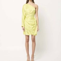 Silky, Chartreuse Cocktail Dress With One Shoulder Sleeve And Zipper Closure Spring Silk Midi Dress One Shoulder, Spring Silk Asymmetrical Dress, Silk Sheath Mini Dress For Cocktail, Spring One-shoulder Asymmetrical Dress For Dinner, Spring Silk Asymmetrical Party Dress, Spring Silk Asymmetrical Dress For Party, Spring Party Silk Asymmetrical Dress, One Shoulder Silk Mini Dress For Cocktail, Silk A-line Dress For Brunch