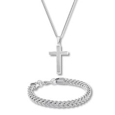 This winning men's gift set includes a stainless steel cross necklace and foxtail chain bracelet. The necklace has a 24-inch box chain that fastens with a lobster clasp, and the 9-inch bracelet secures with a box clasp. Mens Necklace Fashion, Steel Cross, Kay Jewelers, Box Clasp, Necklace And Bracelet, White Necklace, Religious Jewelry, Mens Gift Sets, Box Chain