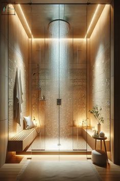 a bathroom with a shower and lights on the walls