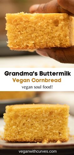 a hand holding a piece of vegan cornbread