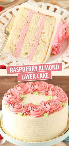 two different types of raspberry almond layer cake with pink frosting on top