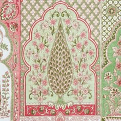 an intricately designed wallpaper with pink, green and white flowers on it's border