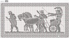 a cross stitch pattern with an image of two men and a horse pulling a carriage