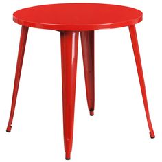 a red metal table with two legs and a round top on an isolated white background