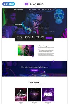 the website design for dj angelone is shown in purple and black colors, with an image