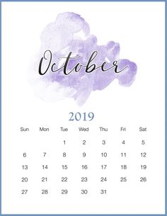 a calendar with the word october written in black ink on white paper and purple watercolor paint