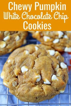 chewy pumpkin white chocolate chip cookies on a cooling rack