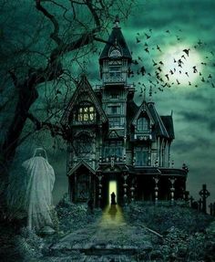 an image of a creepy house at night with ghost in the yard and birds flying around